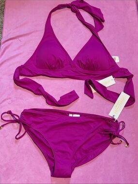 NWT 🩷 Anne Cole Fuchsia Halter Tie-Side Bikini. Separates:Top-D CUP, Bottoms XL
